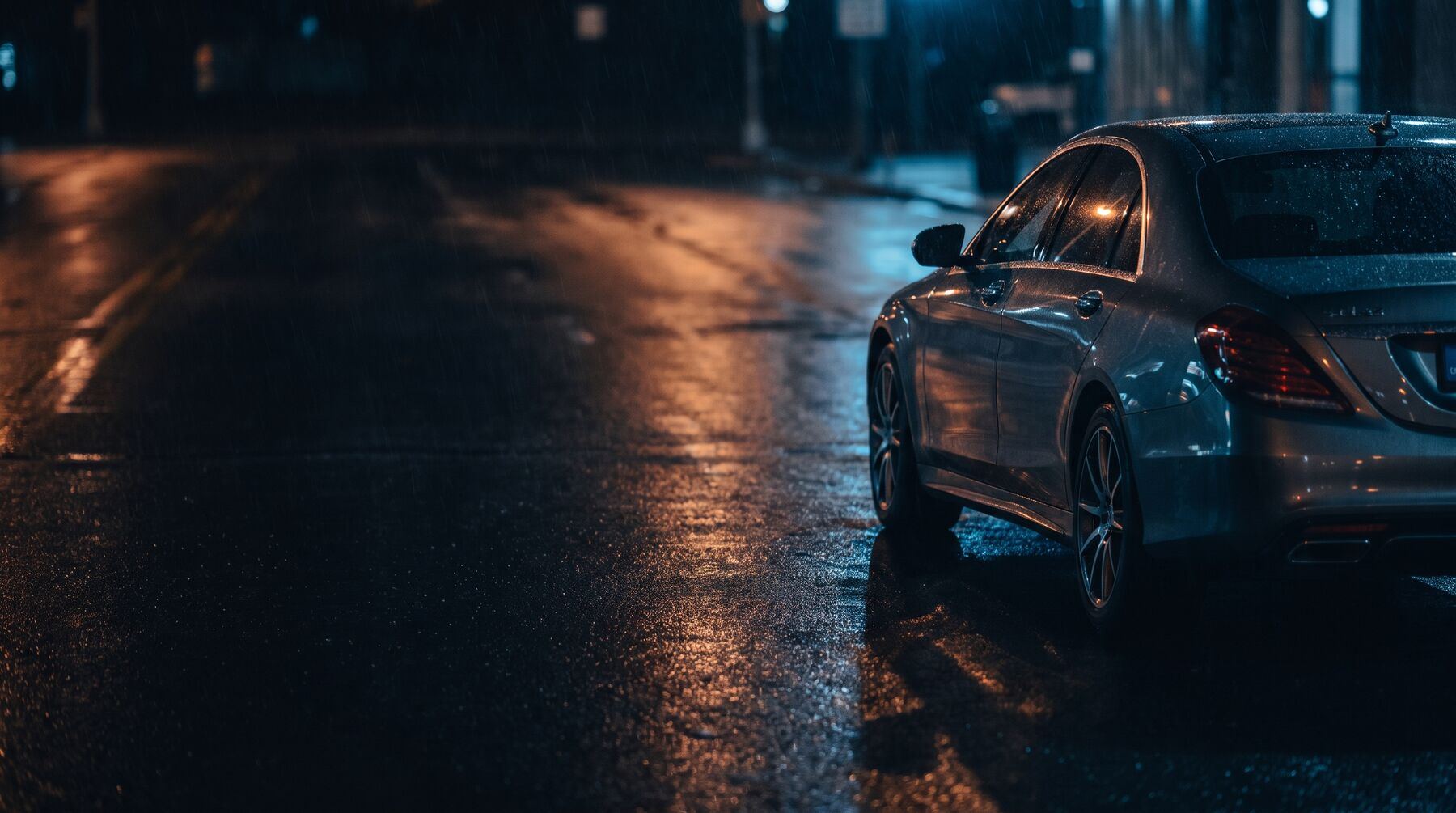 Тёмный Mercedes-Benz на мокром асфальте вечером